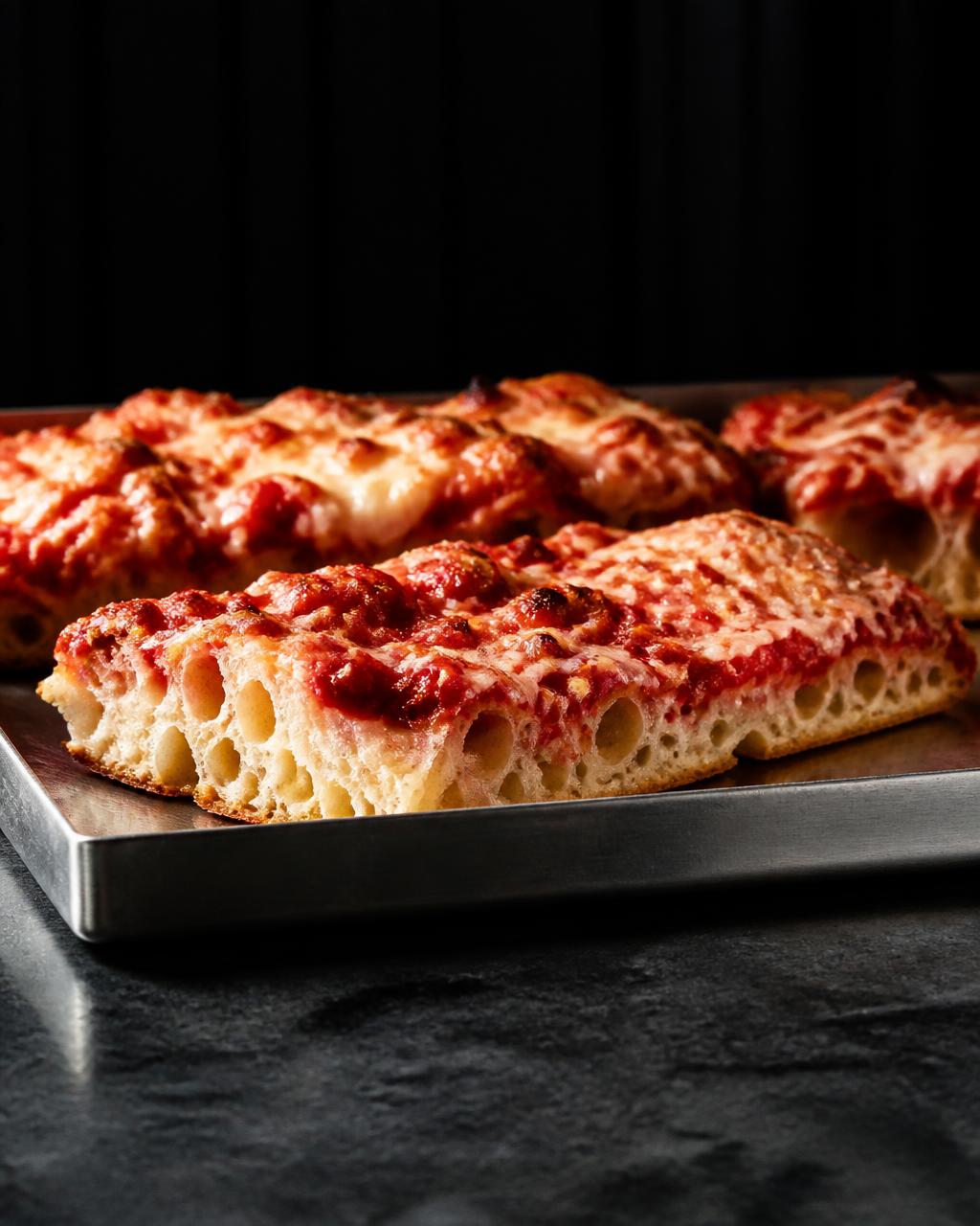 Pizza romana em teglia sobre bandeja de aço